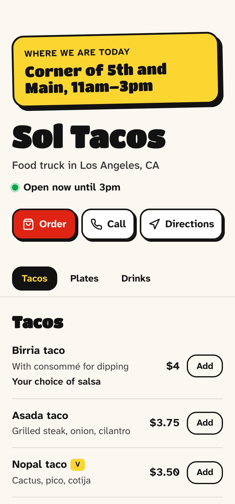 Sample food truck website for Sol Tacos on a phone: today's location, hours and the taco menu